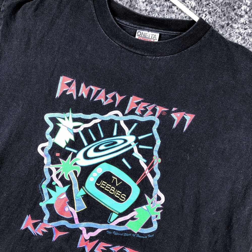 Vintage Fantasy Fest Shirt Mens Medium Black Key West TV Jeebies‎ Tee 90s Oneita